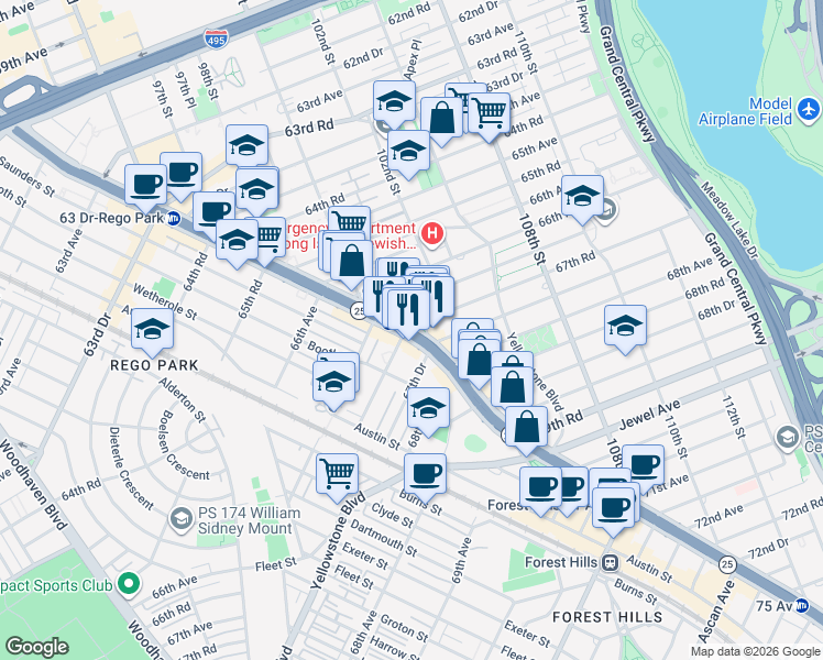 map of restaurants, bars, coffee shops, grocery stores, and more near 100-37 Queens Boulevard in Queens