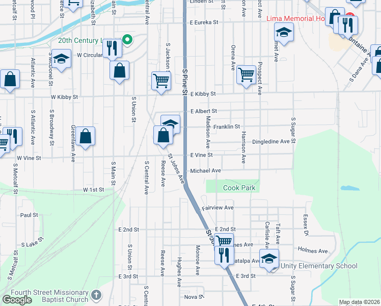 map of restaurants, bars, coffee shops, grocery stores, and more near 503 East Vine Street in Lima