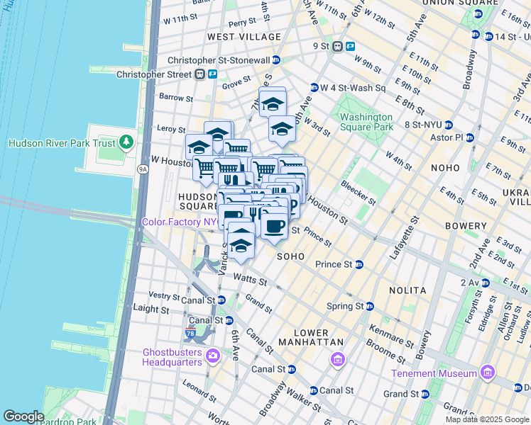 map of restaurants, bars, coffee shops, grocery stores, and more near 190 6th Avenue in New York