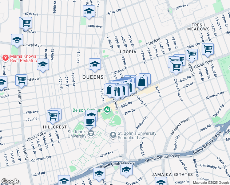 map of restaurants, bars, coffee shops, grocery stores, and more near 75-77 Utopia Parkway in Queens
