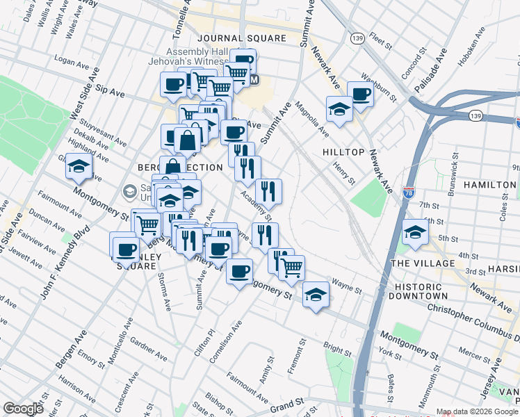 map of restaurants, bars, coffee shops, grocery stores, and more near Baldwin Ave & Academy St in Jersey City