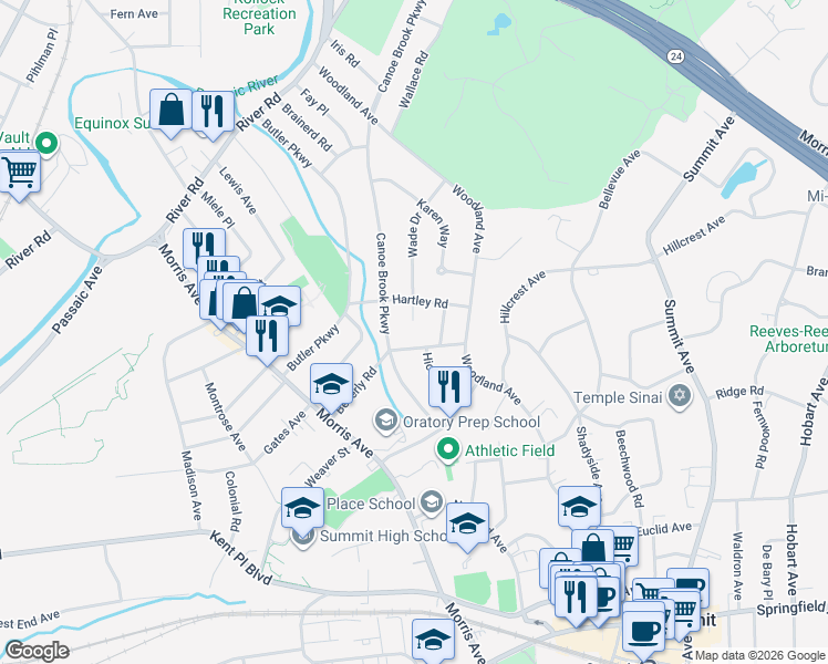 map of restaurants, bars, coffee shops, grocery stores, and more near 68 Wade Drive in Summit