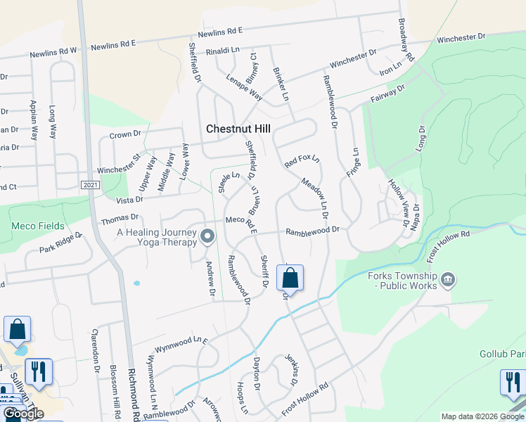 map of restaurants, bars, coffee shops, grocery stores, and more near 2408 Treeline Drive in Easton