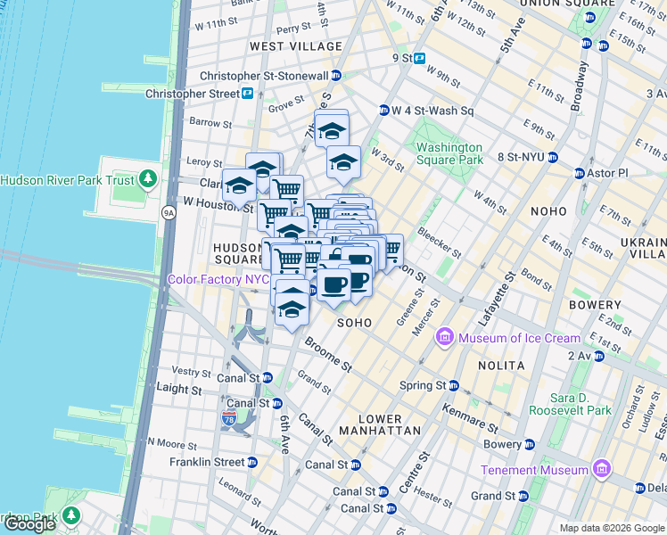 map of restaurants, bars, coffee shops, grocery stores, and more near 202 6th Avenue in New York