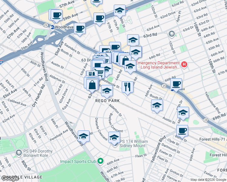 map of restaurants, bars, coffee shops, grocery stores, and more near 64-35 Austin Street in Queens