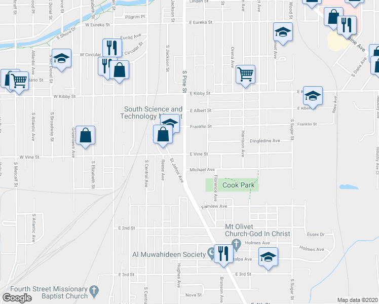 map of restaurants, bars, coffee shops, grocery stores, and more near 503 East Vine Street in Lima