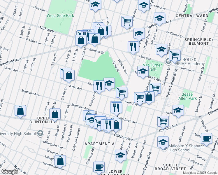 map of restaurants, bars, coffee shops, grocery stores, and more near 27 Rose Terrace in Newark