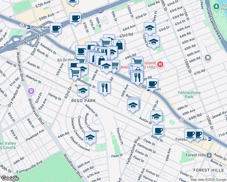 map of restaurants, bars, coffee shops, grocery stores, and more near 65-60 Booth Street in Queens