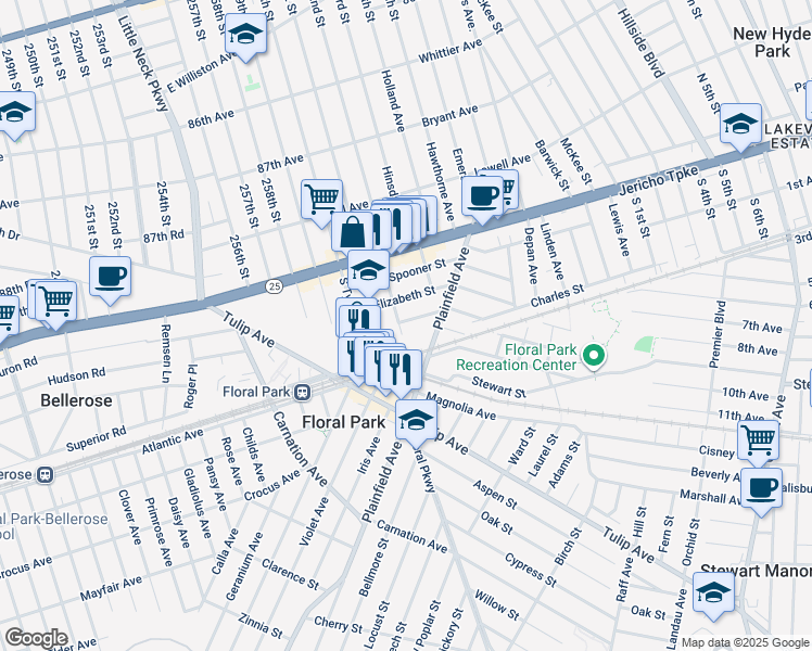 map of restaurants, bars, coffee shops, grocery stores, and more near 57 Flower Avenue in Floral Park