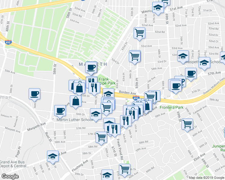 map of restaurants, bars, coffee shops, grocery stores, and more near 3 Queens Midtown Expressway in Queens