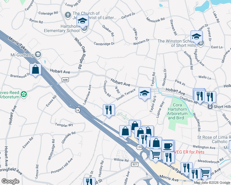 map of restaurants, bars, coffee shops, grocery stores, and more near 9 N Rd in Millburn