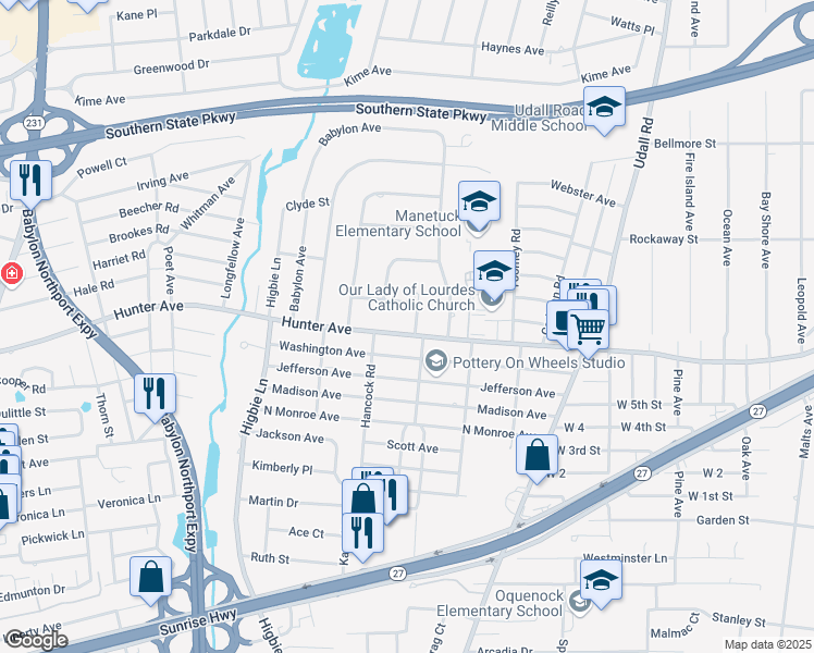 map of restaurants, bars, coffee shops, grocery stores, and more near 102 Graywood Court in West Islip