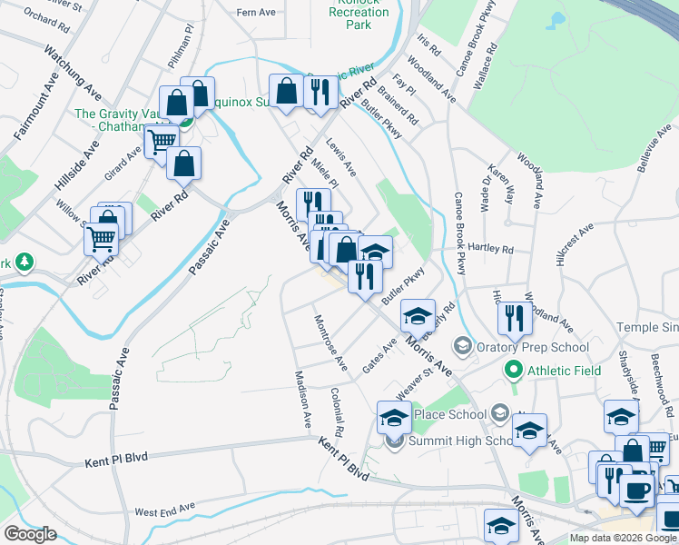 map of restaurants, bars, coffee shops, grocery stores, and more near 511 Morris Avenue in Summit