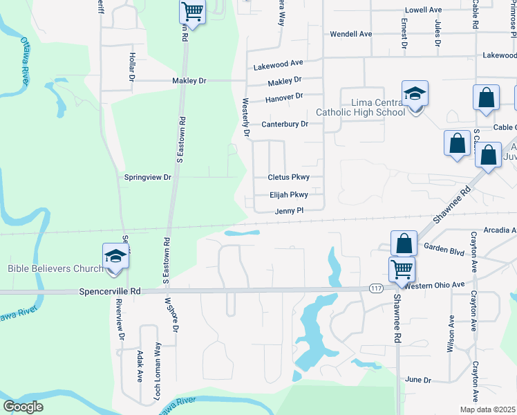 map of restaurants, bars, coffee shops, grocery stores, and more near 3070 Jenny Place in Lima