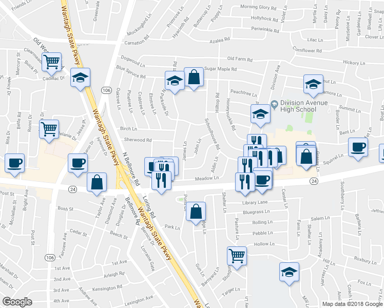 map of restaurants, bars, coffee shops, grocery stores, and more near 10 John Lane in Levittown