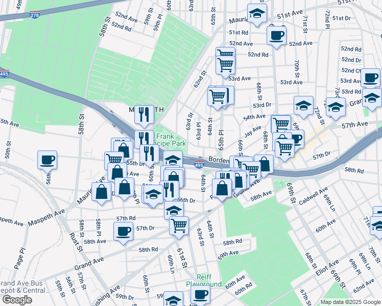 map of restaurants, bars, coffee shops, grocery stores, and more near 3 Queens Midtown Expressway in Queens