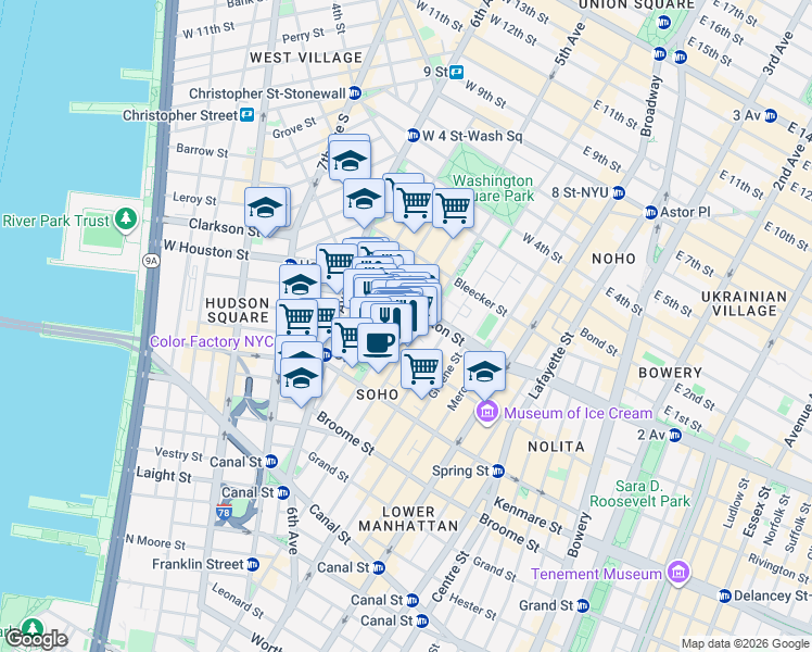map of restaurants, bars, coffee shops, grocery stores, and more near 155-159 Sullivan Street in New York