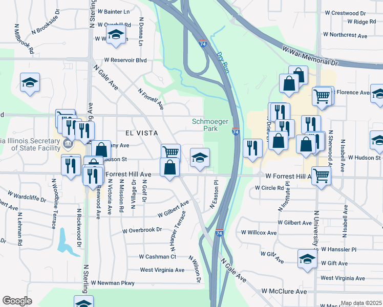 map of restaurants, bars, coffee shops, grocery stores, and more near 3126 North Finnell Avenue in Peoria