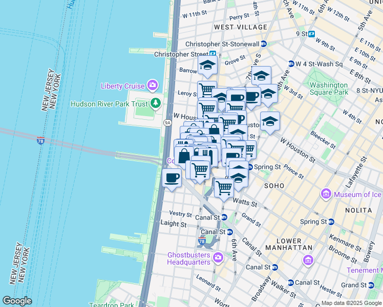 map of restaurants, bars, coffee shops, grocery stores, and more near 100 Vandam Street in New York