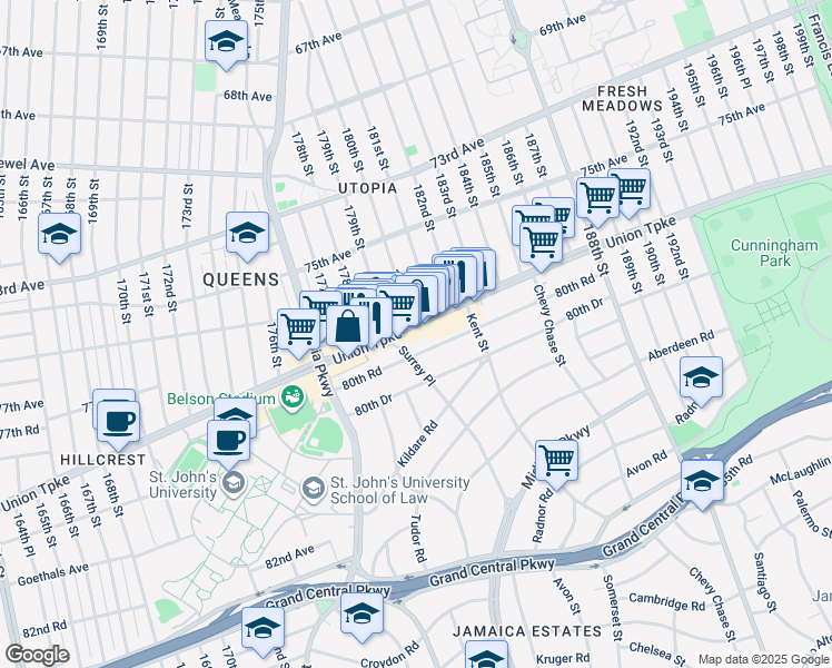 map of restaurants, bars, coffee shops, grocery stores, and more near 179-15 80th Road in Queens