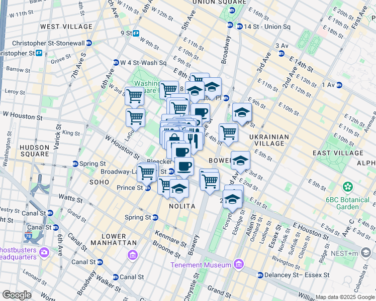 map of restaurants, bars, coffee shops, grocery stores, and more near 354 Lafayette Street in New York