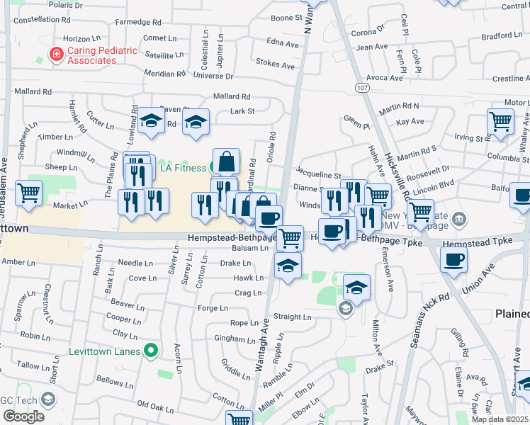 map of restaurants, bars, coffee shops, grocery stores, and more near 42 Oriole Road in Levittown