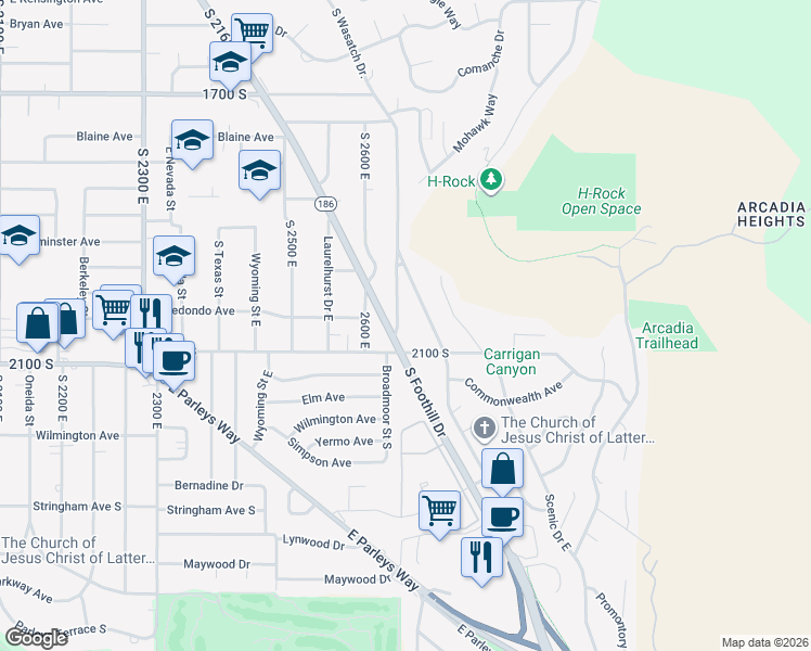 map of restaurants, bars, coffee shops, grocery stores, and more near 2003 Broadmoor Street South in Salt Lake City