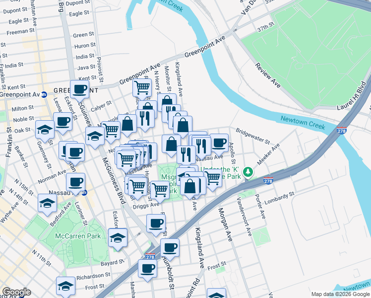 map of restaurants, bars, coffee shops, grocery stores, and more near 202 Monitor Street in Brooklyn