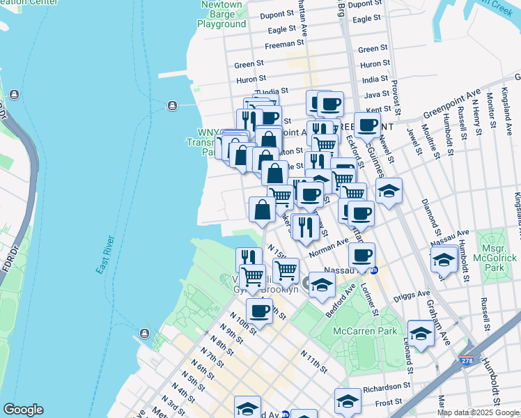 map of restaurants, bars, coffee shops, grocery stores, and more near 61 Franklin Street in Brooklyn