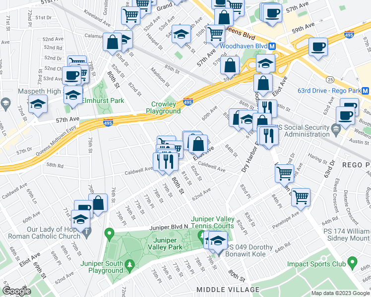 map of restaurants, bars, coffee shops, grocery stores, and more near 82-01 60th Road in Queens