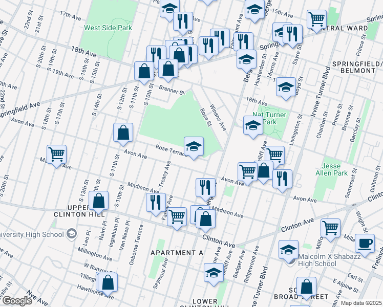 map of restaurants, bars, coffee shops, grocery stores, and more near 33 Rose Terrace in Newark