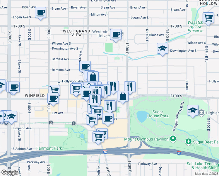 map of restaurants, bars, coffee shops, grocery stores, and more near 1985 South 1200 East in Salt Lake City