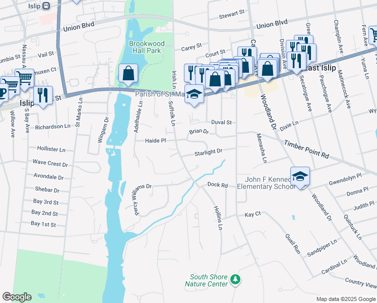 map of restaurants, bars, coffee shops, grocery stores, and more near 7 Starlight Drive in East Islip