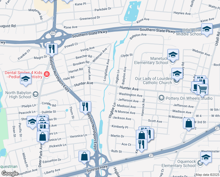 map of restaurants, bars, coffee shops, grocery stores, and more near 244 Hunter Avenue in West Islip