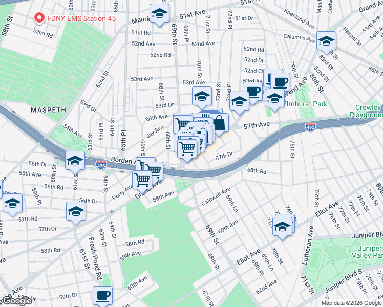 map of restaurants, bars, coffee shops, grocery stores, and more near 69-29 Grand Avenue in Queens