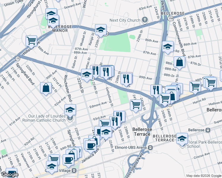 map of restaurants, bars, coffee shops, grocery stores, and more near 237-12 92nd Road in Queens