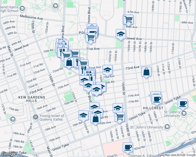 map of restaurants, bars, coffee shops, grocery stores, and more near 158-46 75th Avenue in Queens