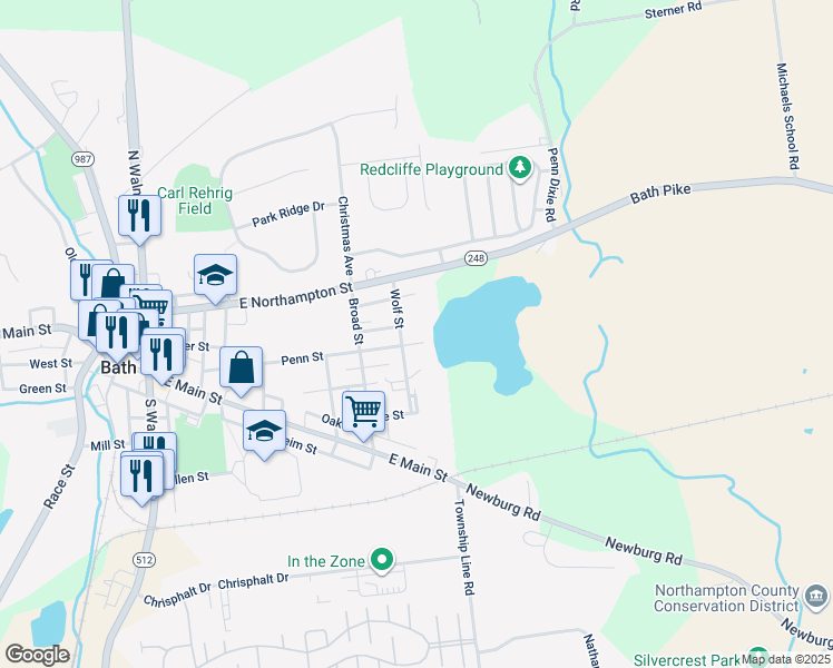 map of restaurants, bars, coffee shops, grocery stores, and more near 611 Penn Street in Bath