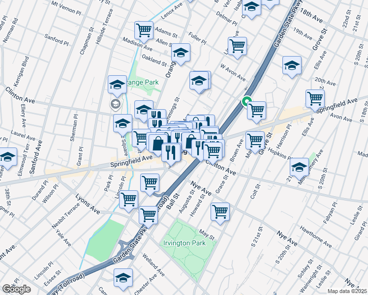 map of restaurants, bars, coffee shops, grocery stores, and more near in Irvington