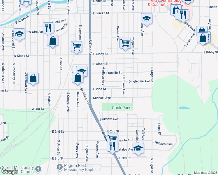 map of restaurants, bars, coffee shops, grocery stores, and more near 611 East Vine Street in Lima
