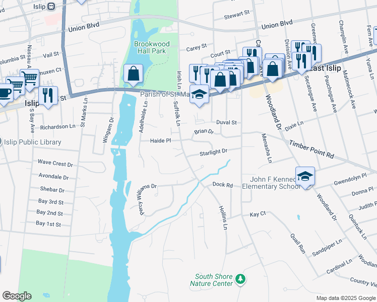 map of restaurants, bars, coffee shops, grocery stores, and more near 7 Starlight Drive in East Islip