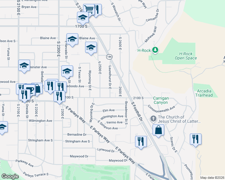 map of restaurants, bars, coffee shops, grocery stores, and more near 2001 Laurelhurst Drive East in Salt Lake City