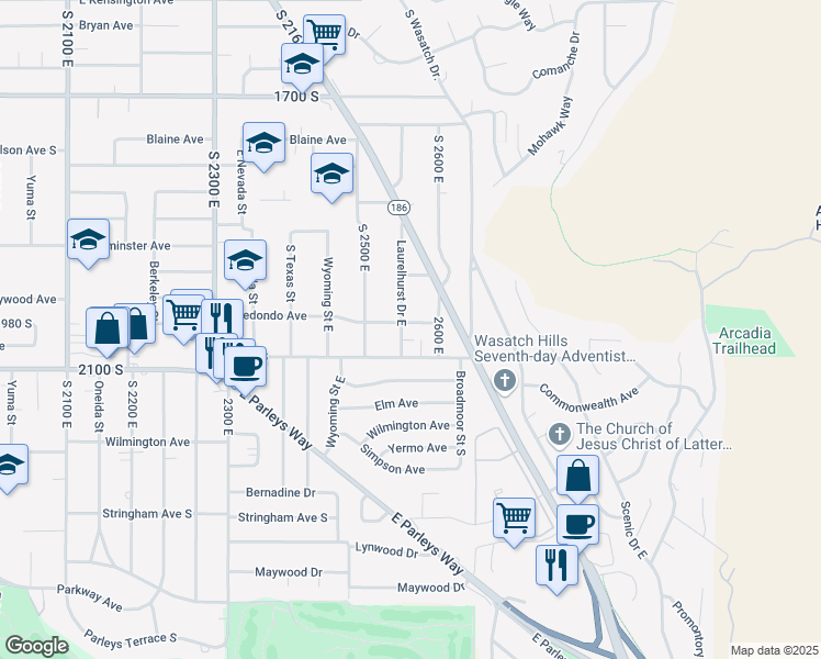 map of restaurants, bars, coffee shops, grocery stores, and more near 2001 Laurelhurst Drive in Salt Lake City
