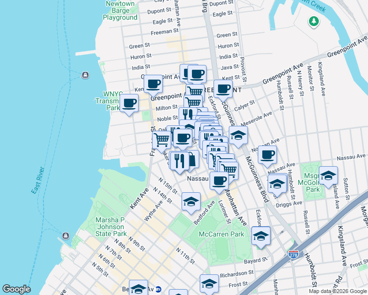 map of restaurants, bars, coffee shops, grocery stores, and more near 73 Meserole Avenue in Brooklyn