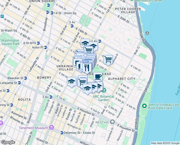 map of restaurants, bars, coffee shops, grocery stores, and more near 342 Saint Marks Place in New York