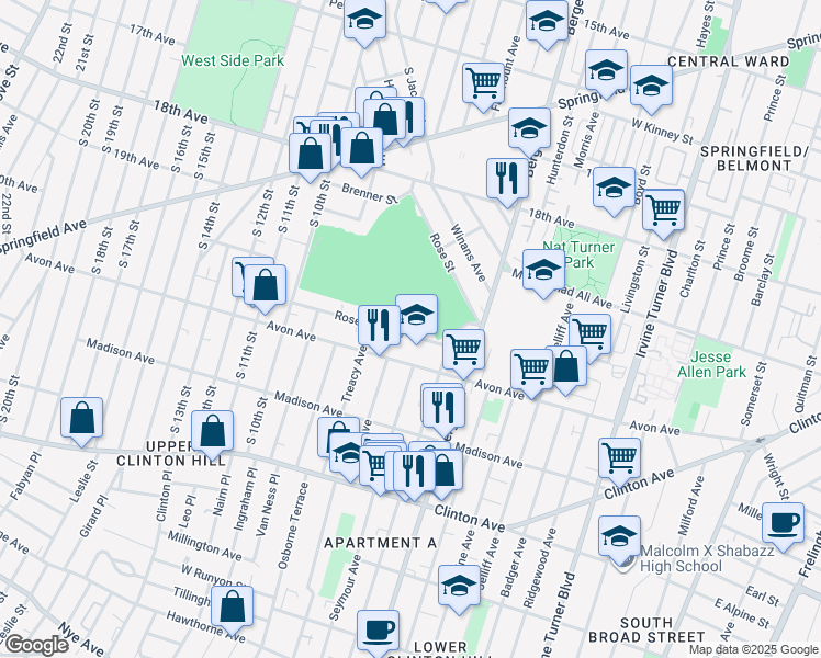 map of restaurants, bars, coffee shops, grocery stores, and more near 33 Rose Terrace in Newark