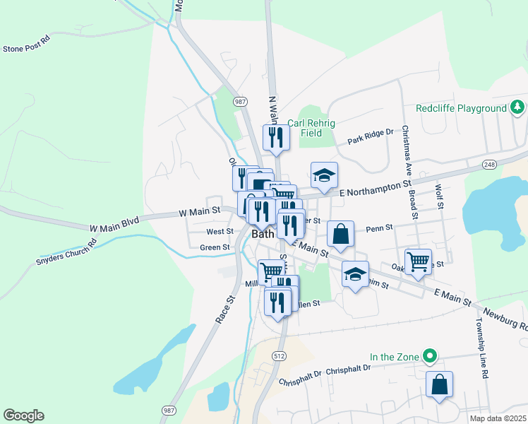 map of restaurants, bars, coffee shops, grocery stores, and more near 112 South Chestnut Street in Bath