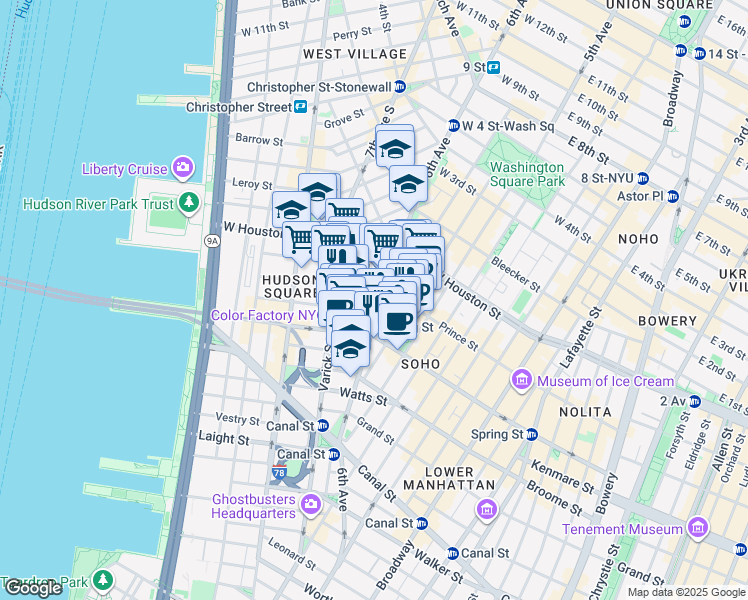 map of restaurants, bars, coffee shops, grocery stores, and more near 14 Charlton Street in New York