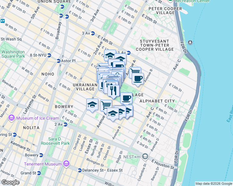 map of restaurants, bars, coffee shops, grocery stores, and more near Avenue A & St Marks Pl in New York