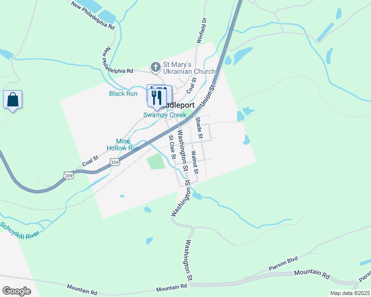 map of restaurants, bars, coffee shops, grocery stores, and more near 58 Washington Street in Middleport